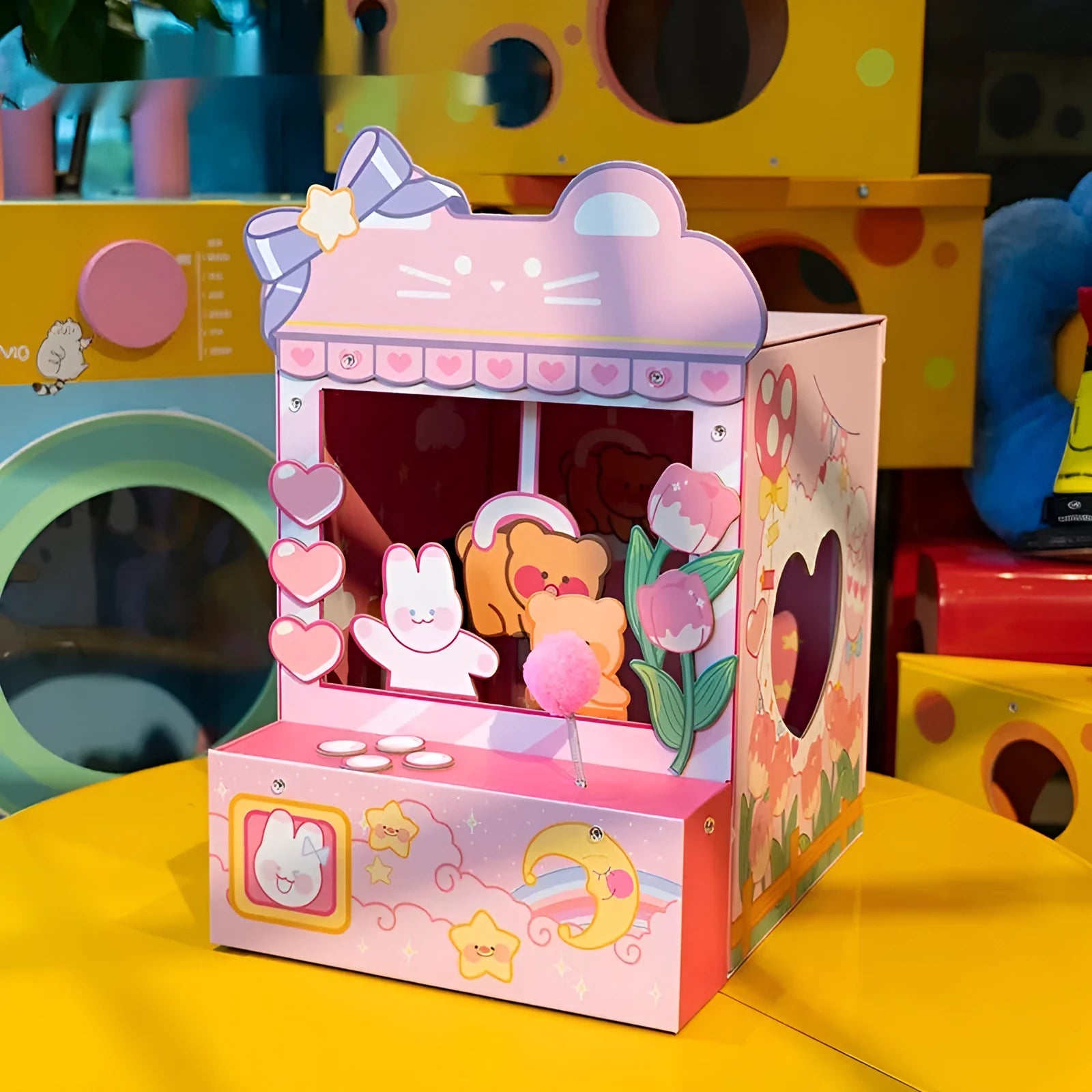 Three-in-one tulip clip cat nest crane machine in pink, Japanese style, 35x34.5x53.5cm, made from gray board and corrugated paper