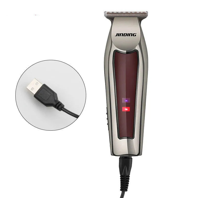 Electric hair clipper with T-design blade, USB rechargeable, two speed settings, LED indicator, available in black, red and wine red.