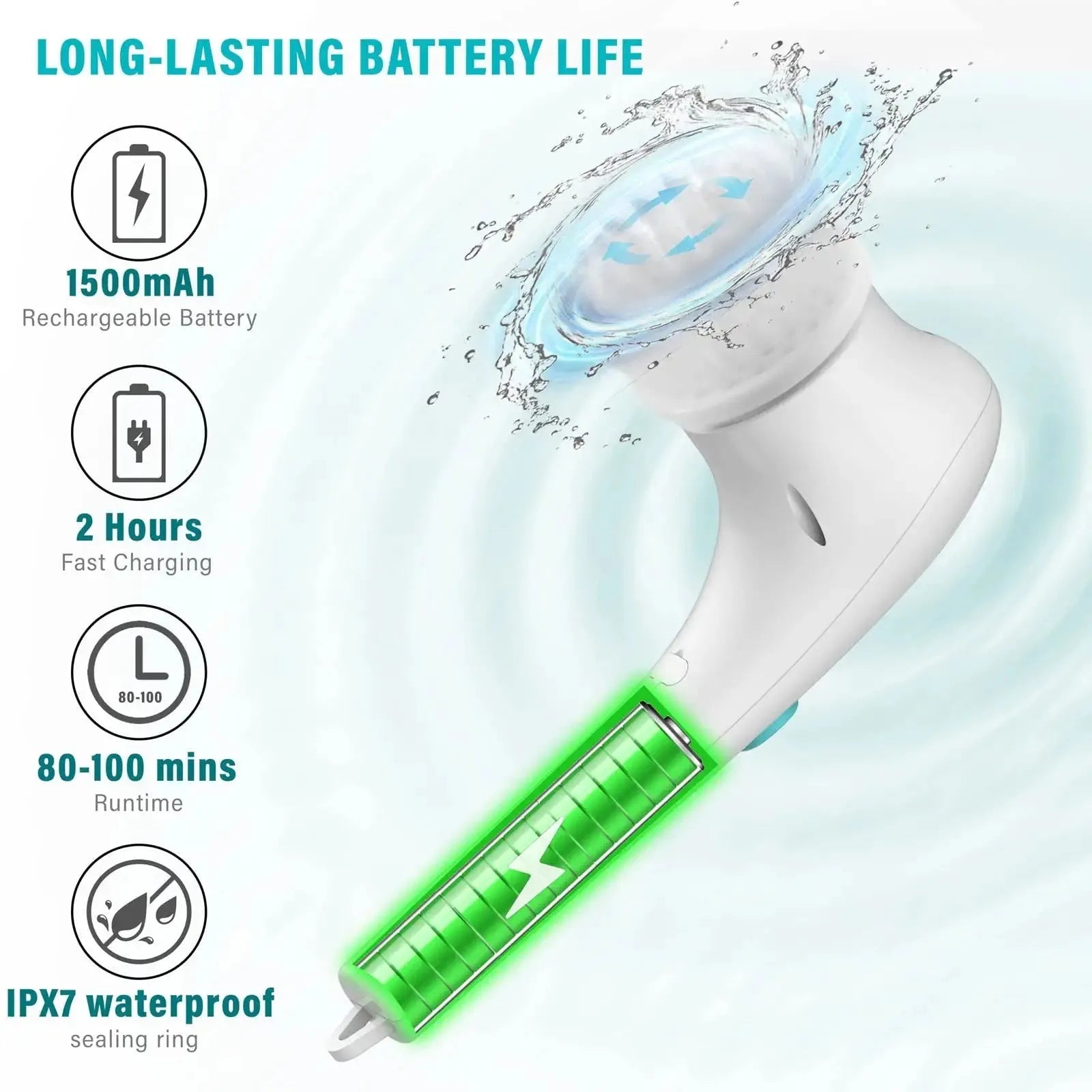 White cordless electric handheld spin scrubber with five different cleaning brush heads and a USB charging cable.