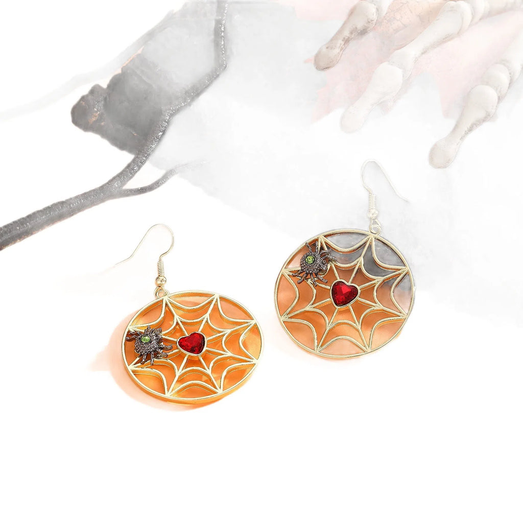 Silver colour spider web spider pendant dangle earrings