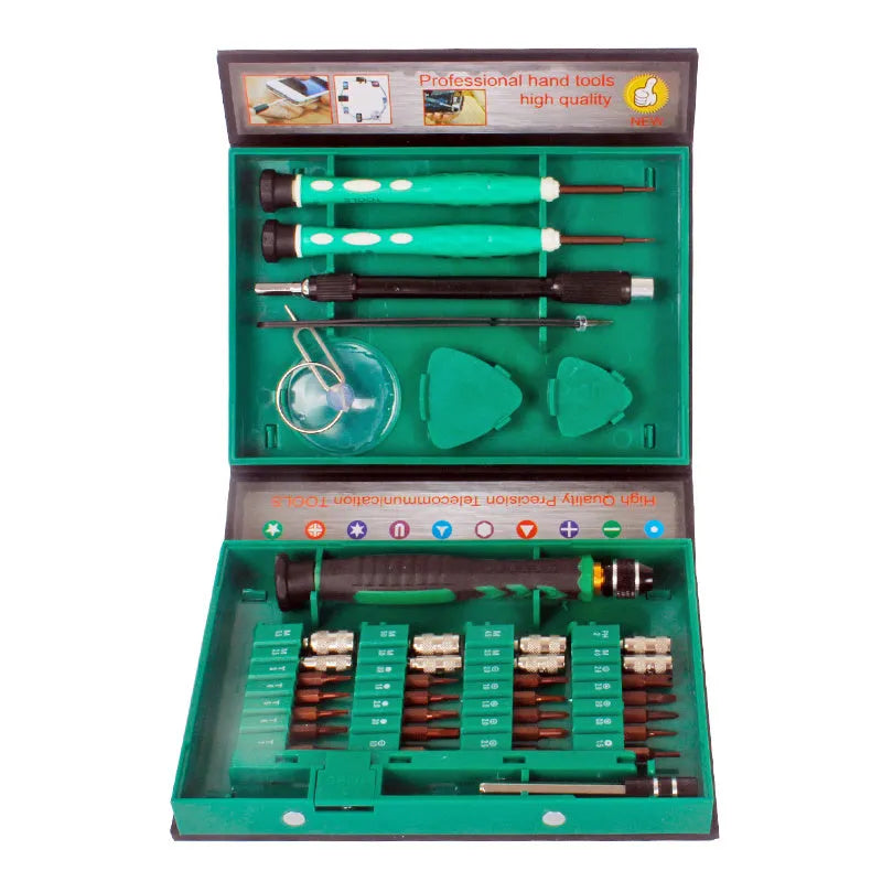 Screwdriver kit with S2 alloy bits in a compact storage case on a workbench