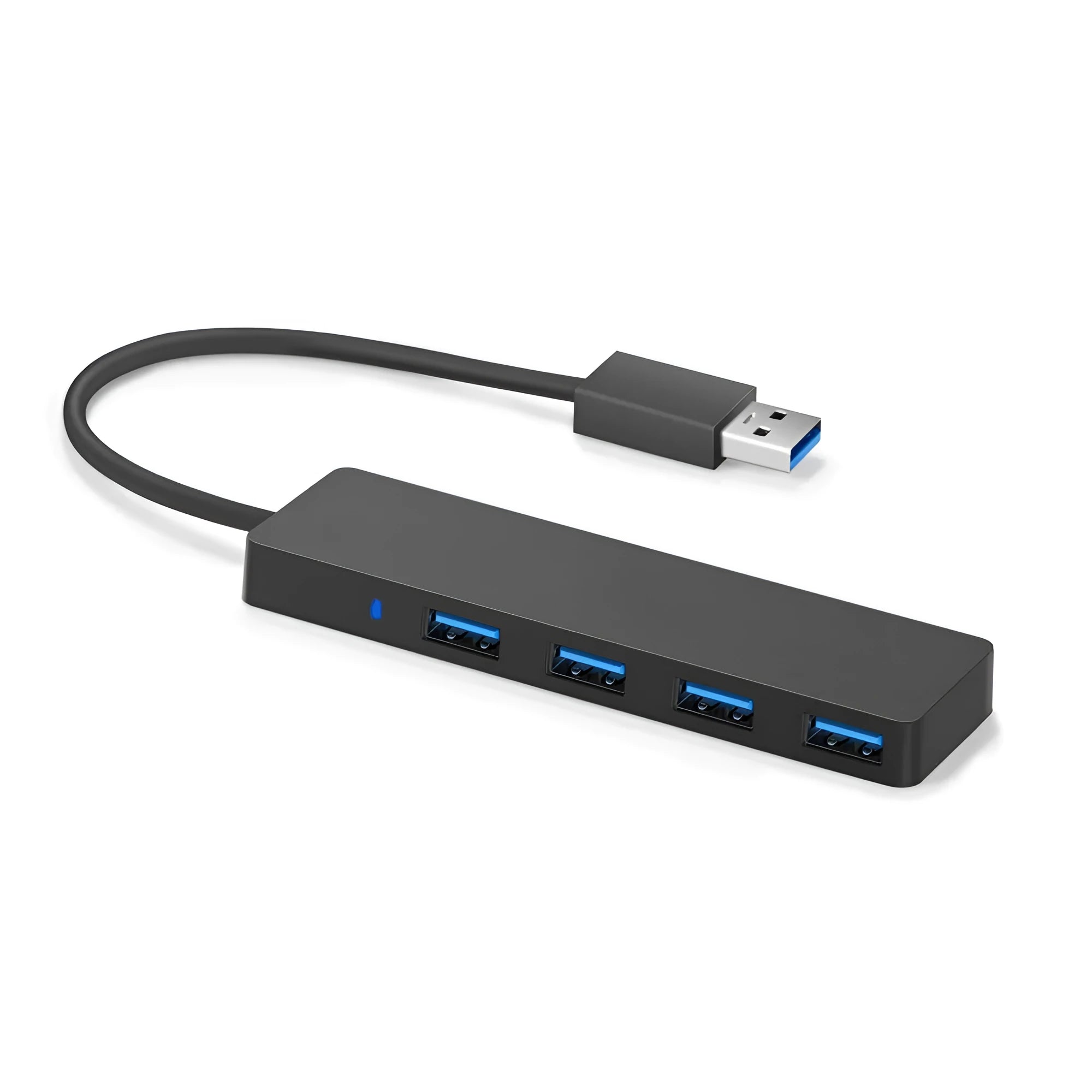 USB 3.0 hub with four ports, LED indicators, and 30cm cable for computer connectivity expansion