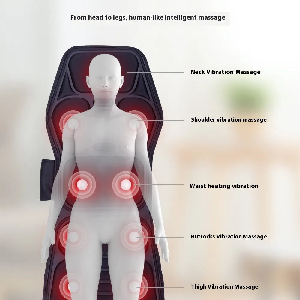 Full body massage car mat with handheld remote and artificial leather surface showing hot compress controls