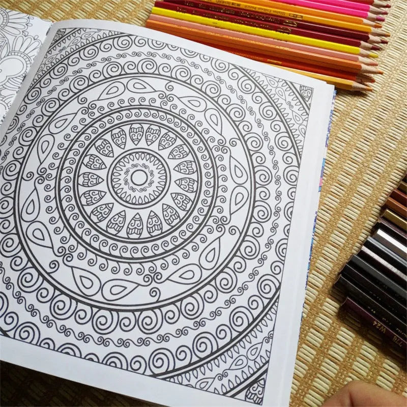 21 cm square mandala colouring book showing soft cover and open page with detailed pattern