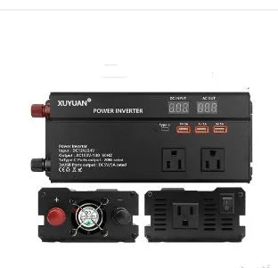 1200W car inverter 12V 24V to 110V US socket, 26cm x 10cm x 5.5cm, black or red, LED display and air cooling.