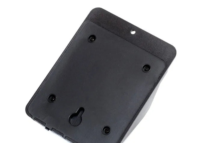 Set of four black solar-powered outdoor LED lights with motion sensors.