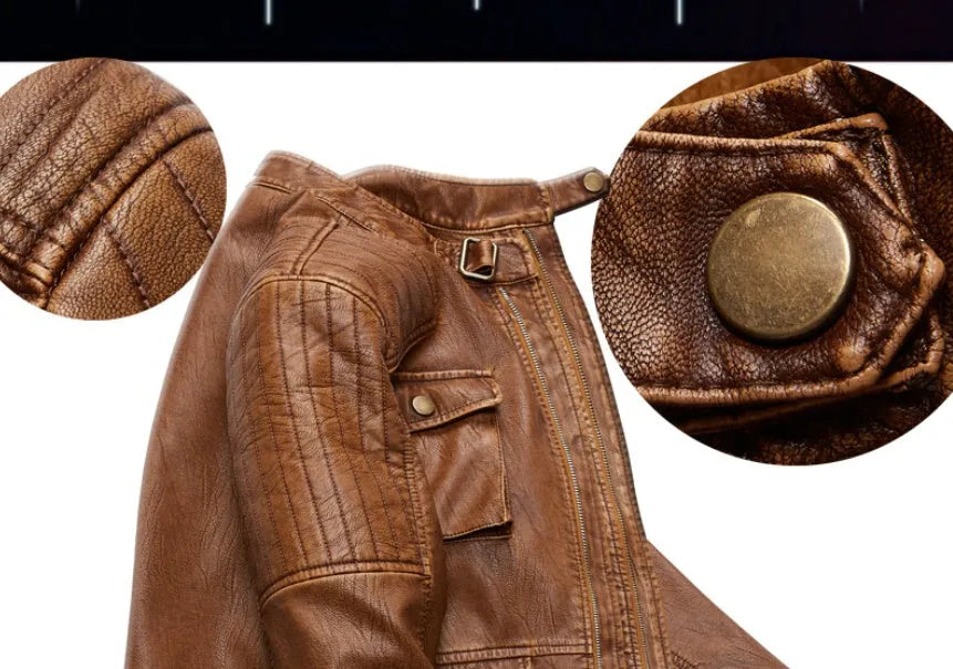 Men's PU leather jacket with plus velvet lining in khaki colour