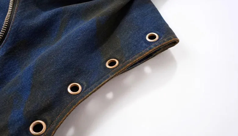 Blue hooded denim vest coat and trousers set with front zipper in Korean style