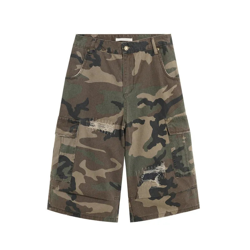 Men's camouflage cotton cropped jeans with distressed patches and straight leg