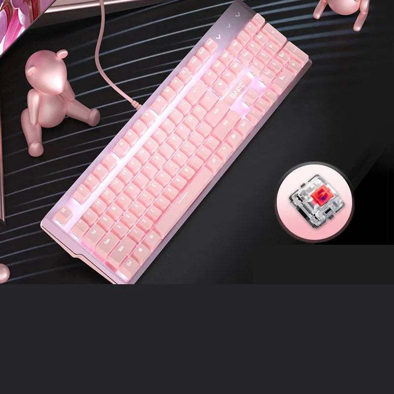 Pink mechanical keyboard with 104 keys and wired USB cable