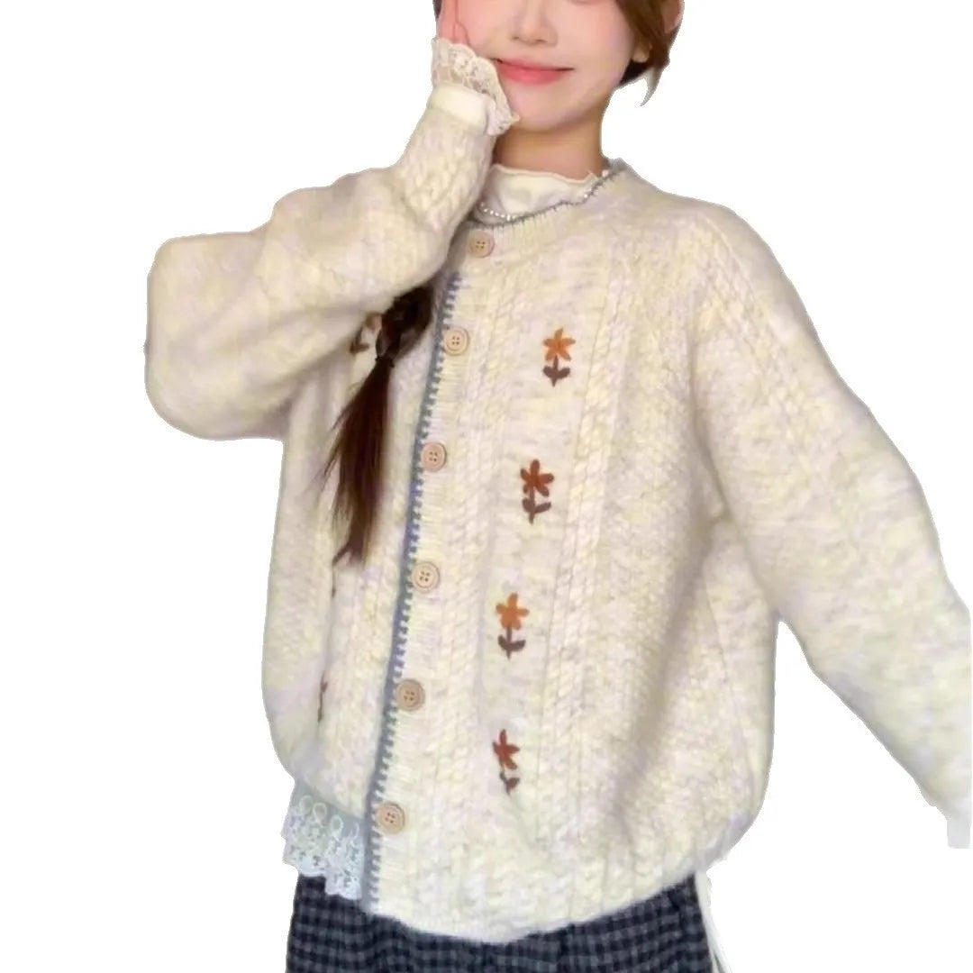 Japanese style oatmeal flower knitted cardigan for women with round neck, long sleeves and button front