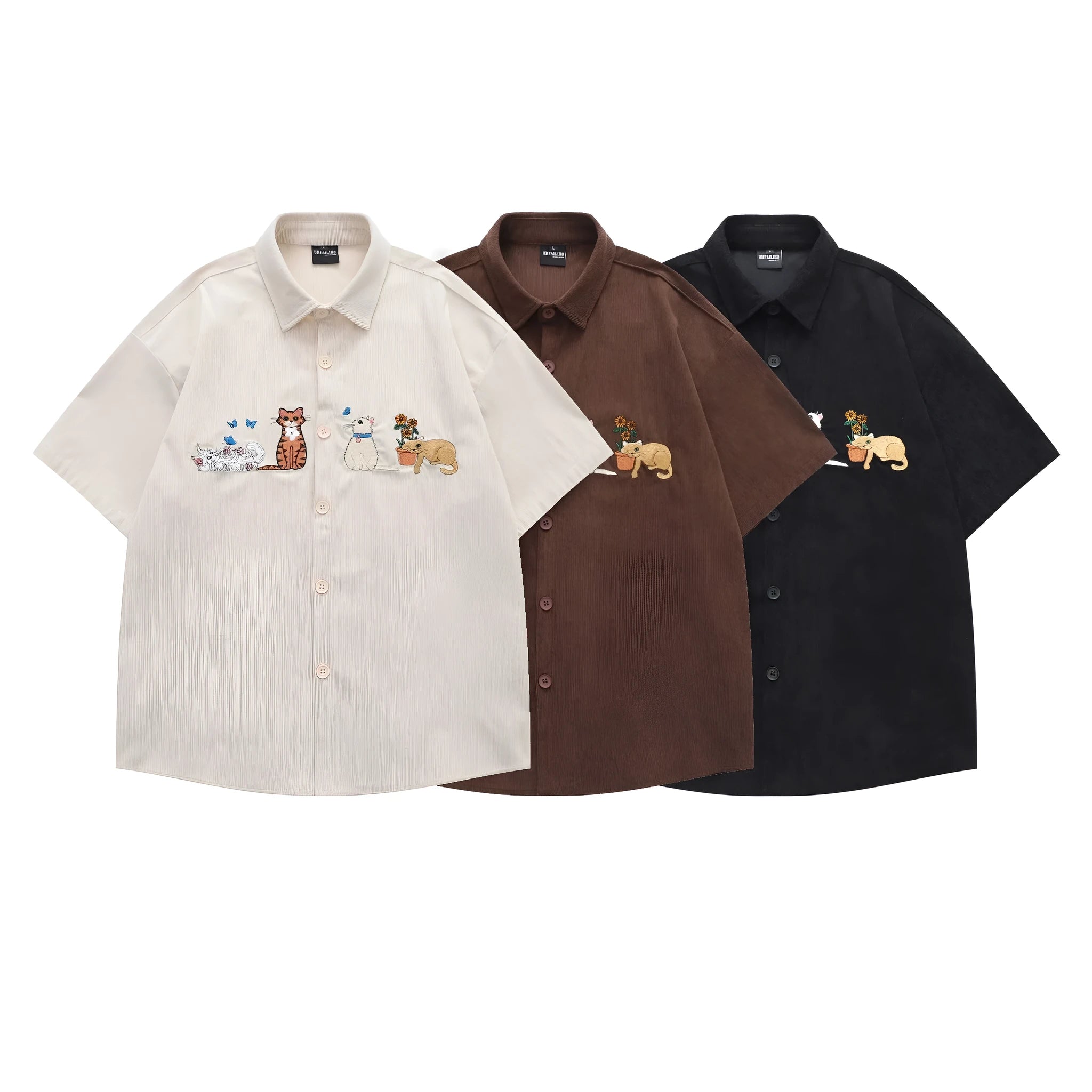 Loose cardigan shirt with embroidered cartoon pattern in apricot, brown, or black colour options.