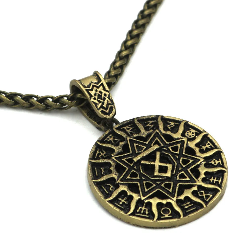 Lunavin ODing logo pendant necklace with antique silver finish on adjustable snake bones chain