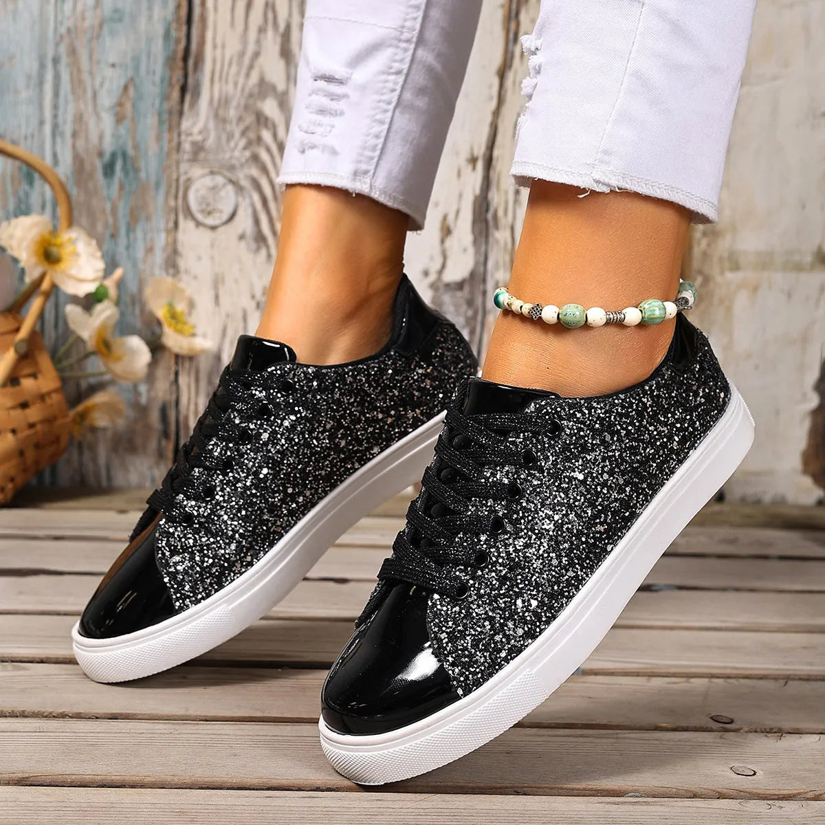 Women's plus size sequinned front lace-up board shoes in artificial leather, shown in black, gold, purple, and silver.
