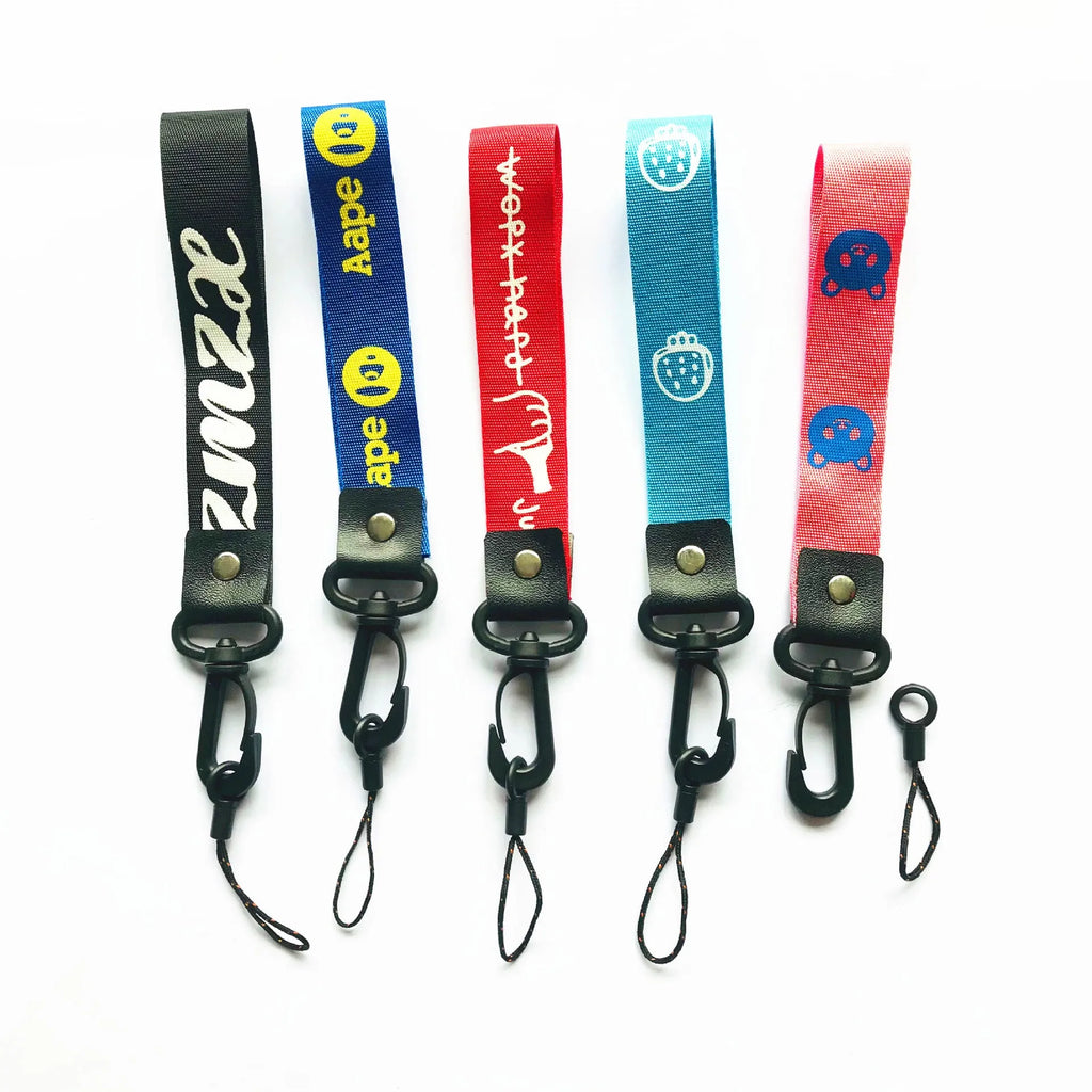 Short 25cm wide polyester mobile phone lanyard with 2-in-1 hooks in multi-colour mix