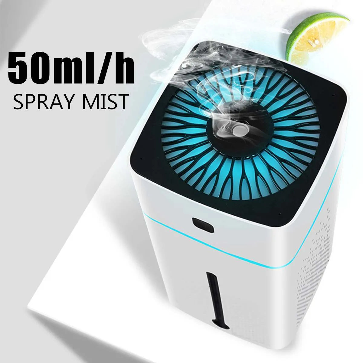 Black or white desktop humidifier with USB cable, 1000ml capacity, dimensions 103x103x218mm.