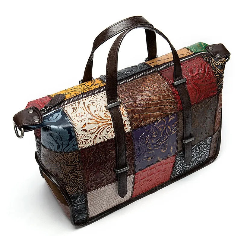 Cowhide leather women's handbag in multi-colour, 36cm long with zip closure and shoulder straps.