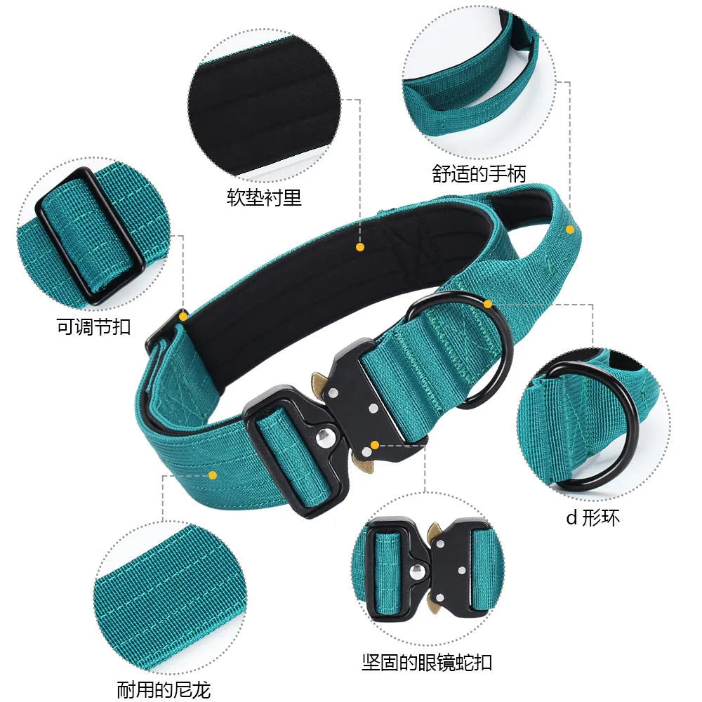 Explosion-proof handle dog collar in nylon, 1.5-inch width, M 38-46cm to XL 47-65cm, monochrome design