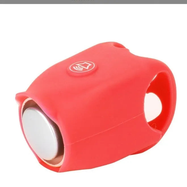 A black electronic bicycle horn with buttons, shown next to two 2032 batteries on a white background.