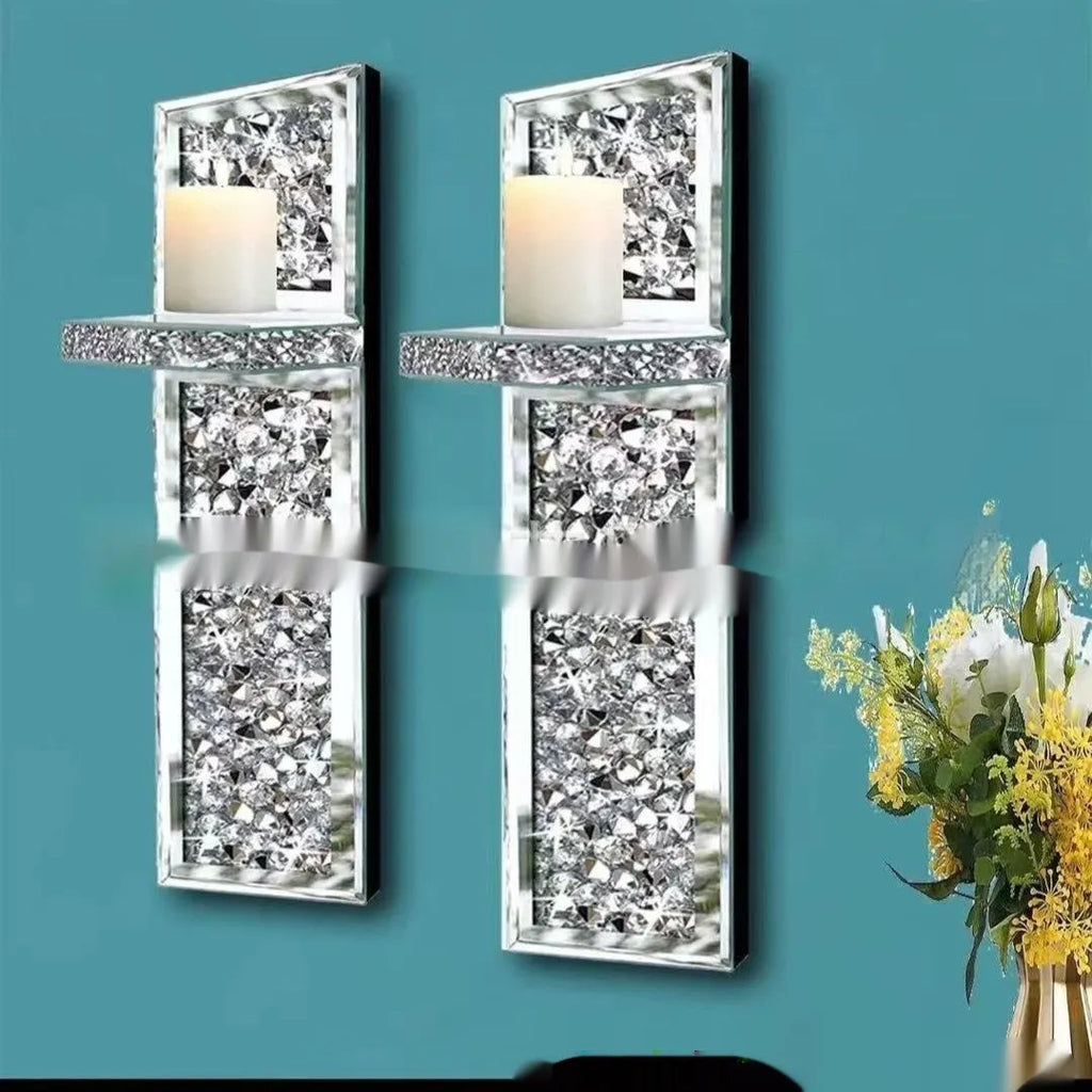 Silver mirror glass wall candle holders pair, modern style, 38cm tall