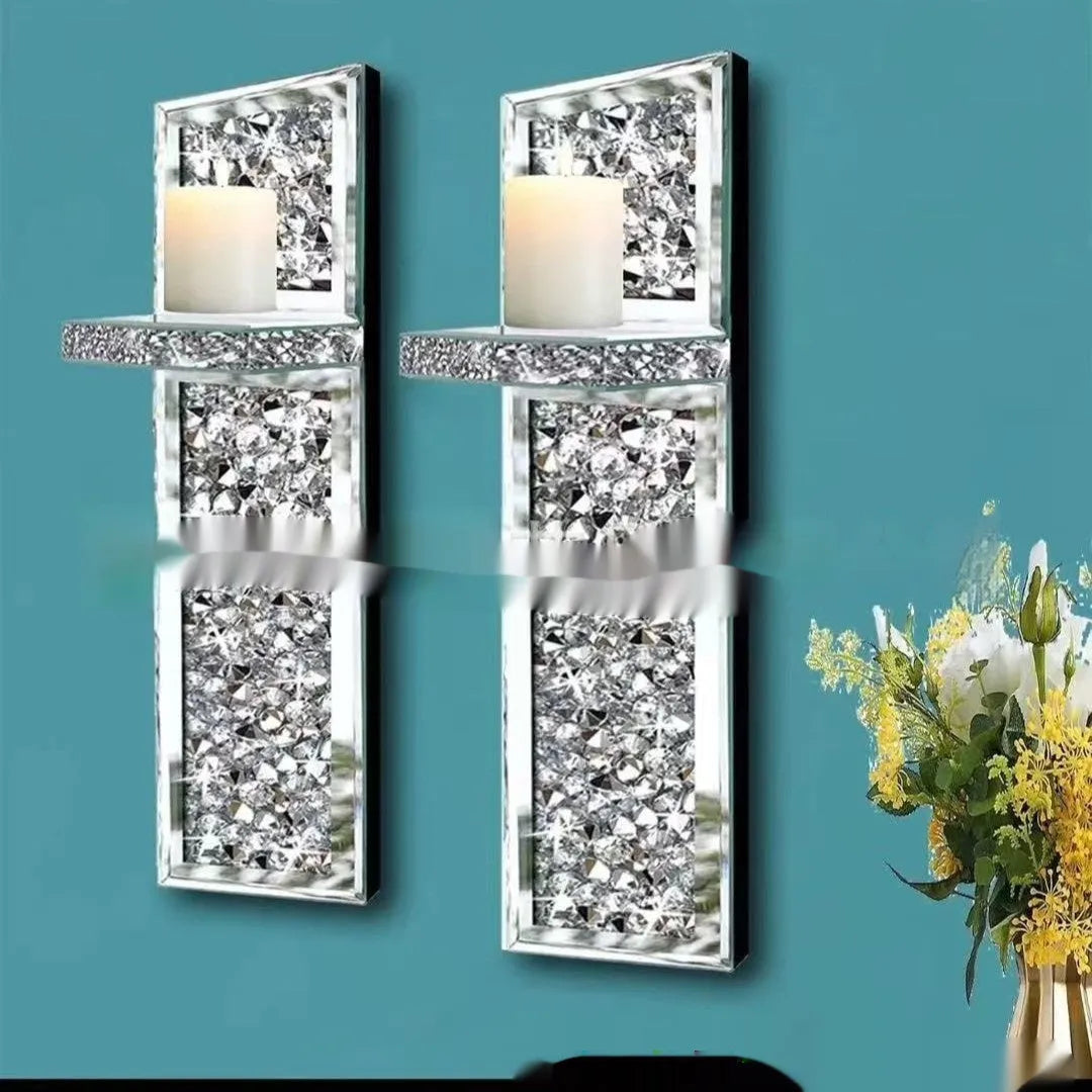 Silver mirror glass wall candle holders pair, modern style, 38cm tall