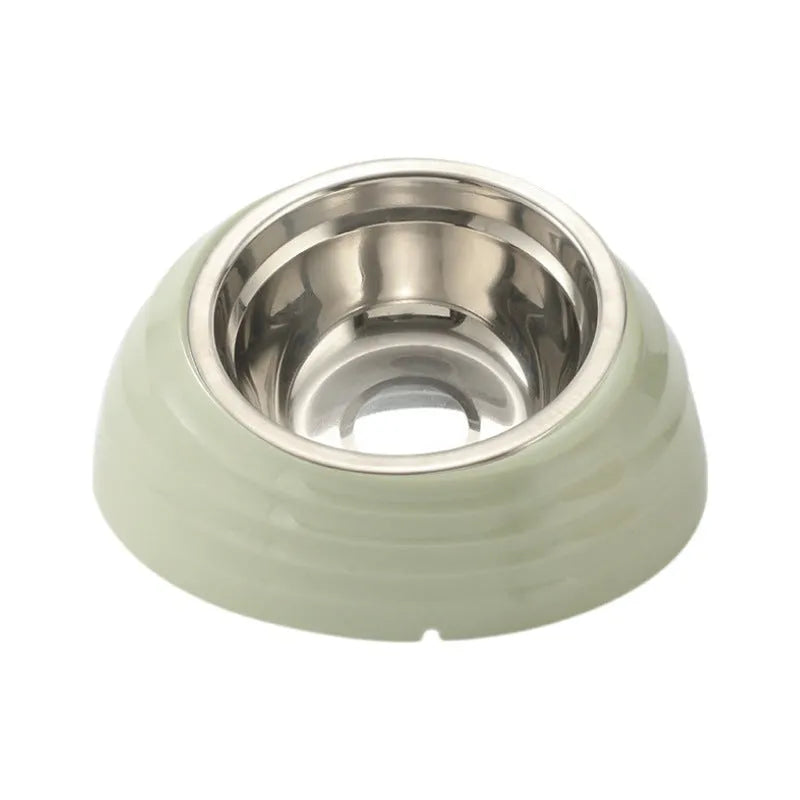 A single stainless steel cat bowl made of plastic, shown in beige, brown, and light green.