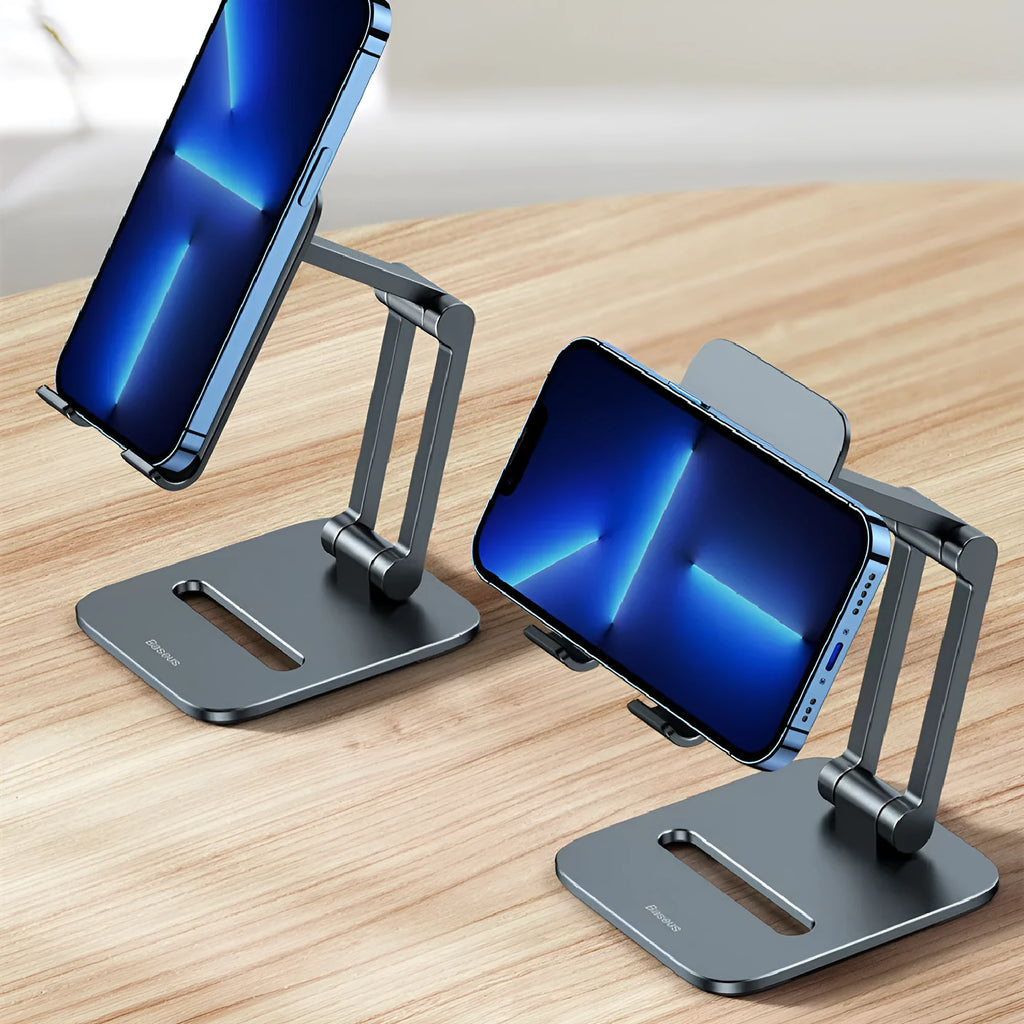 Deep space grey aluminium folding stand supporting a tablet at an angle