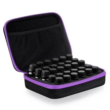 Red EVA essential oil storage bag with 30 compartments and a zipper, mounted on a wall.