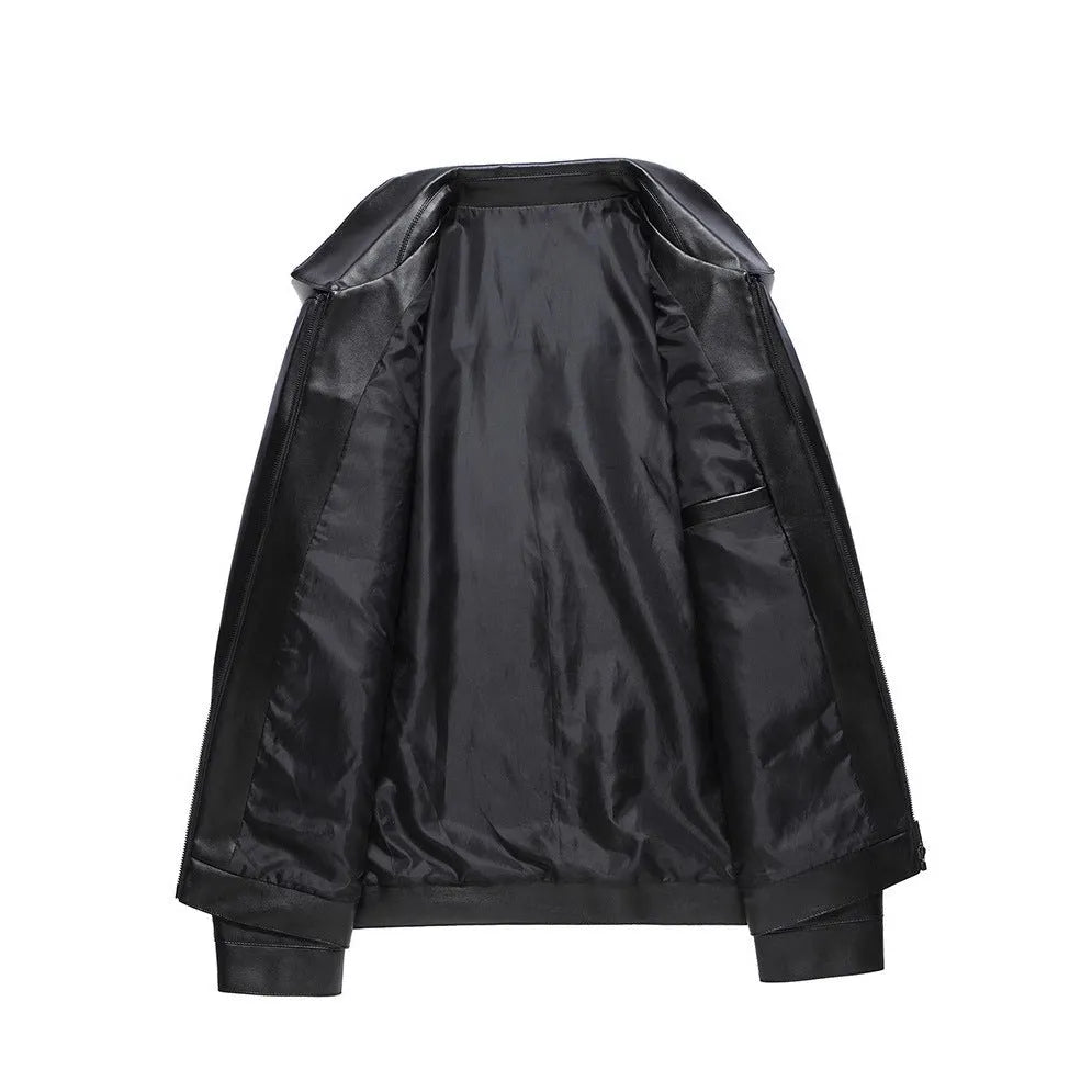 Black turn-down collar PU leather jacket with straight hem and patch pockets for men