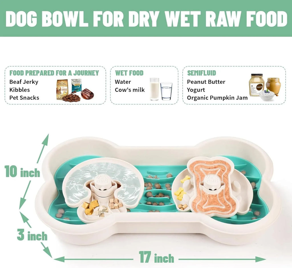 Large green slow feeder dog bowl with three rotating puzzle trays and anti-slip suction cups