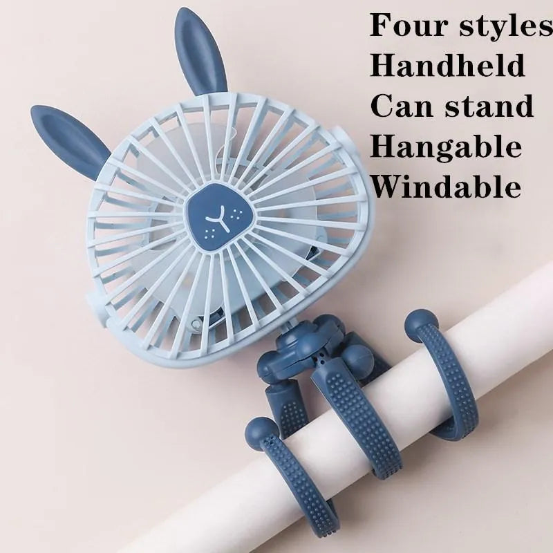 Pink USB rechargeable octopus stroller fan with flexible legs attached to a baby pushchair