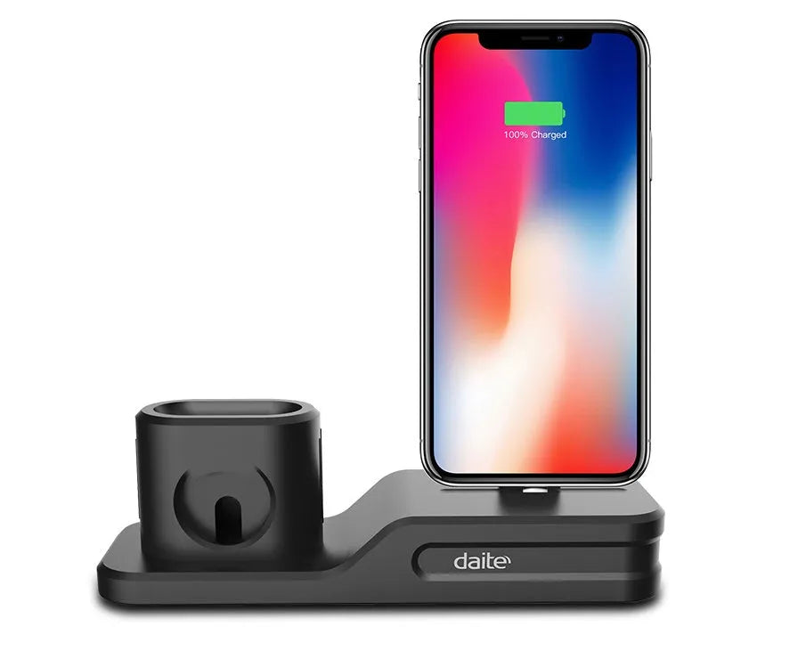 Black geometric 3-in-1 charging station for Apple devices showing iPhone, iwatch and AirPods charging slots