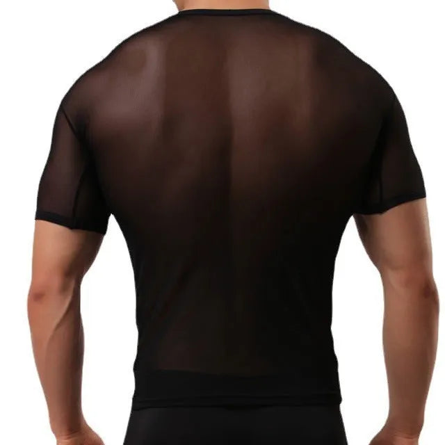 Men's slim fit transparent mesh short-sleeved t-shirt in solid colours on a hanger