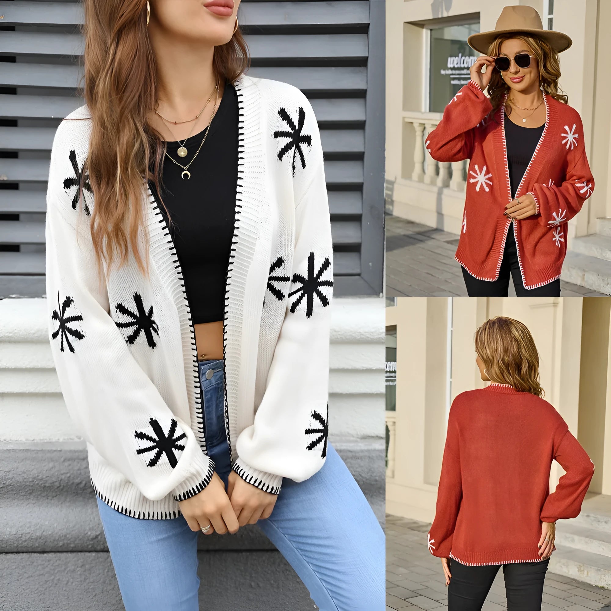 Plus size women's jacquard knitted coat with floral pattern in loose street style fit