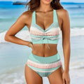 Plus size split swimsuit women's polyester floral bikini in blue green sky blue, sizes S to 3XL