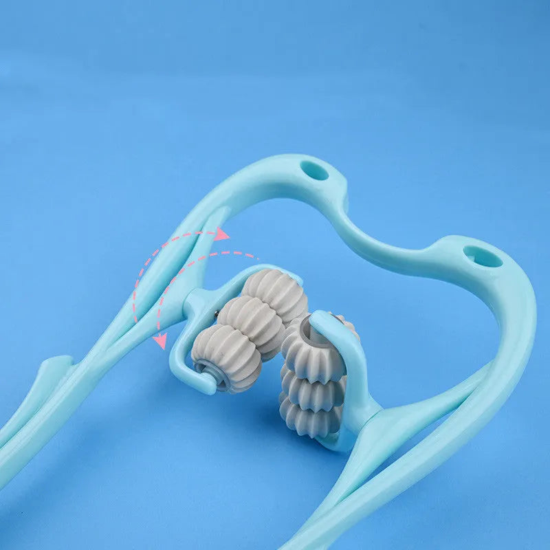 Blue swan-shaped manual neck massager with six white wheels and a natural crystal jade scraping board.