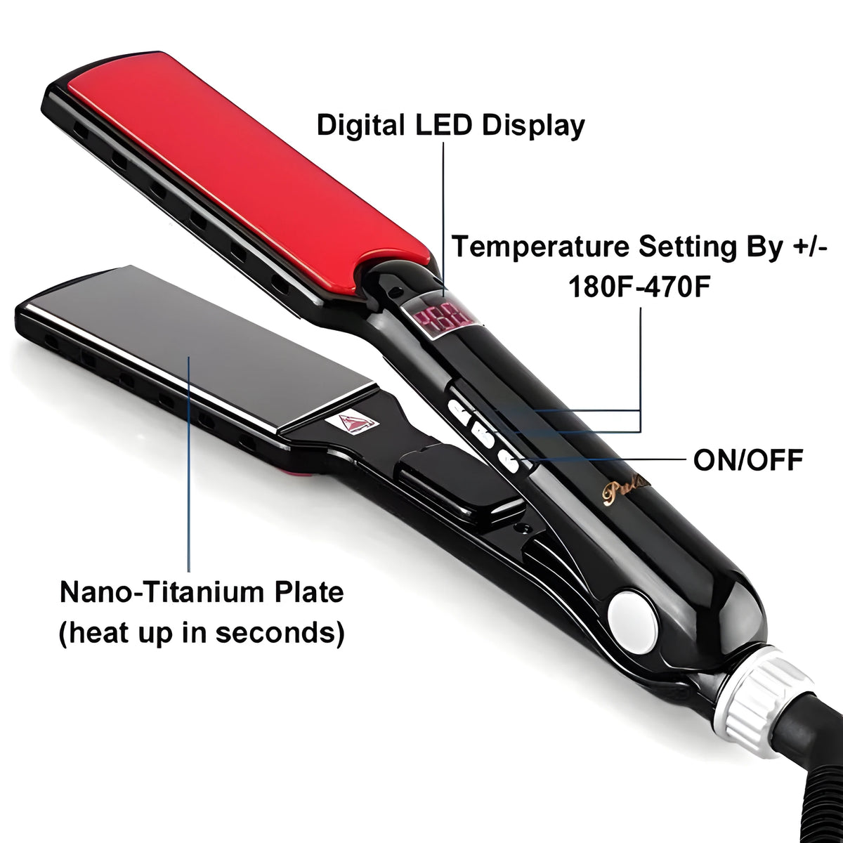 Black tourmaline ceramic hair straightener with narrow heat conductor for dry hair styling