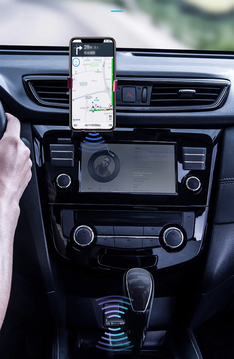 Black car Bluetooth receiver with 3.5mm plug and USB charging cable
