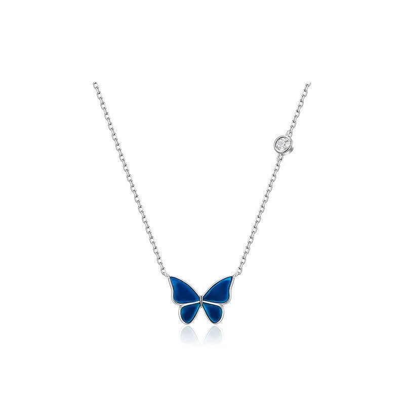 S925 silver butterfly necklace with white silver colour-change pendant on display