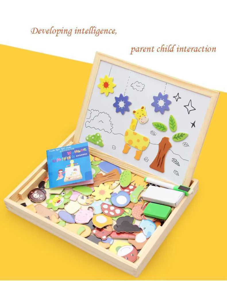 Wooden magnetic puzzle drawing board with animal and circus theme pieces for children