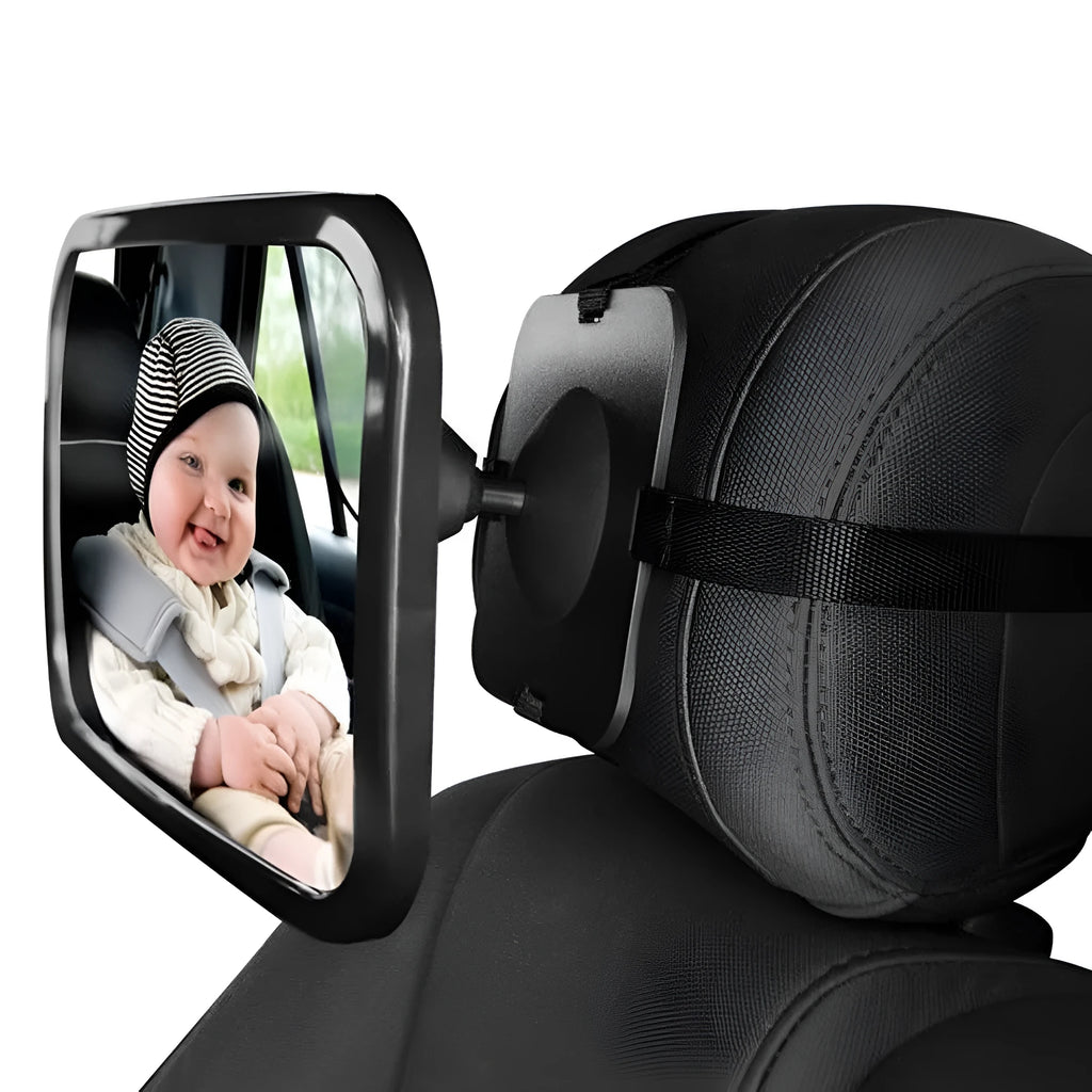 Black baby rear view mirror attached to car headrest with adjustable strap and wide rectangular shape