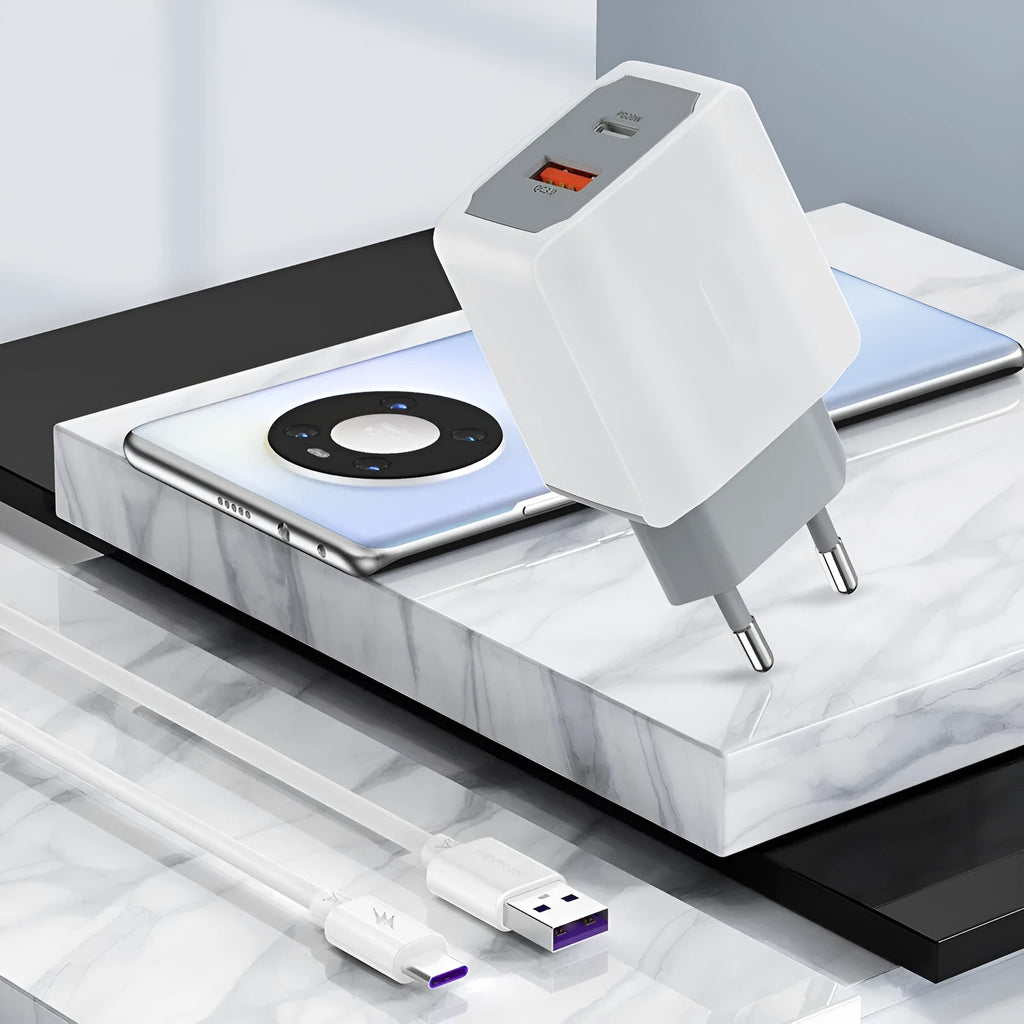 White European standard phone fast charger set with USB cable on a white background