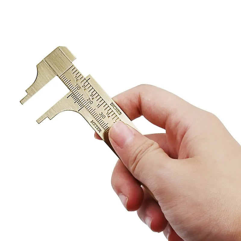 Mini copper vernier caliper with double scale, 100mm range, and 24mm card foot for small object measuring