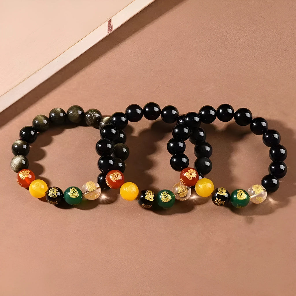 Men's five gods of wealth bracelet with rainbow eye obsidian beads in new Chinese style