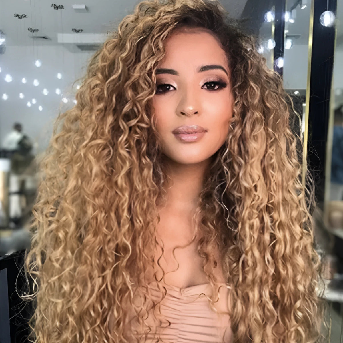 Long curly African small curly wig in yellow and black gradient with side bangs, made from high temperature fibre
