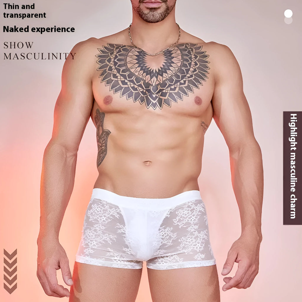 Men's black lace trim boxers made from nylon fabric, laid flat.