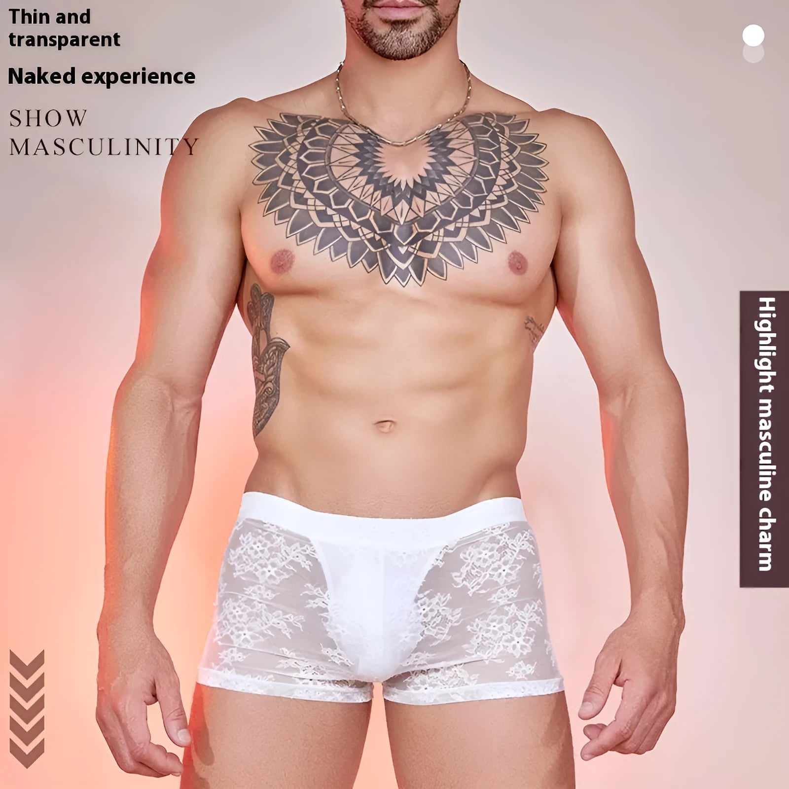 Men's black lace trim boxers made from nylon fabric, laid flat.