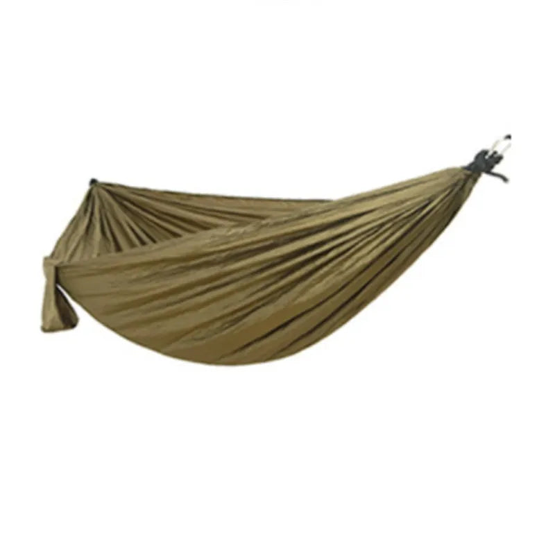 Double widened camping hammock 275x140cm in 210T nylon parachute fabric with steel buckles and ropes, shown outdoors in a garden setting