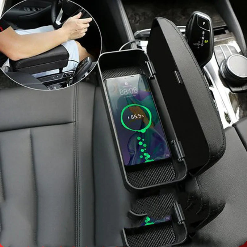 Universal car armrest box with wireless charging and adjustable PU leather armrest pad