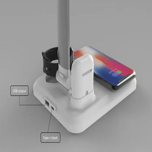 X-1 model 4-in-1 multi-function LED desk lamp with wireless charging pad in black or white finish.